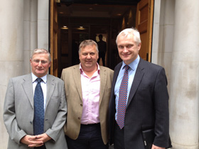Stewart Elliott, Chairman EggSell Producers Ltd - Charlie Stephenson BFREPA member and Graham Stuart MP outside DEFRA London following a successful meeting with George Eustace, MP for Environment and Rural Affairs on 7th July 2014